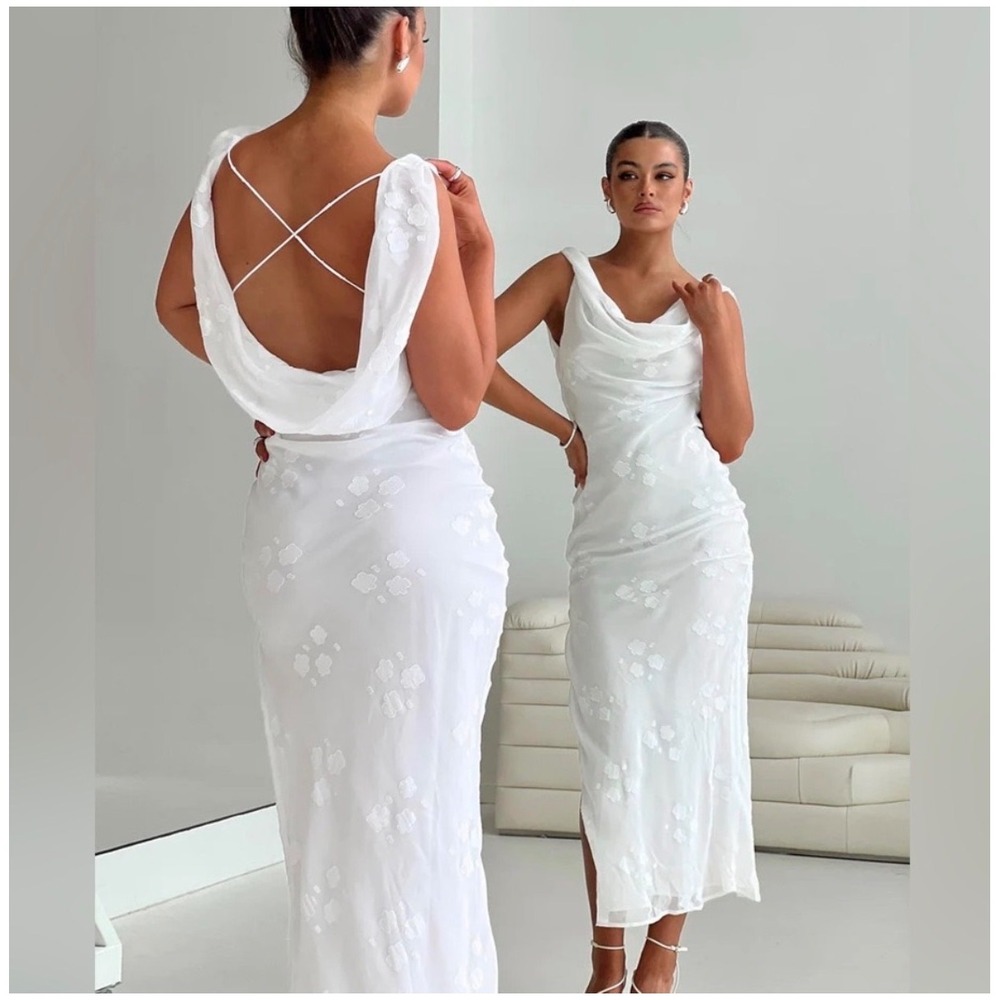 NWT Princess Polly Contessa Maxi Dress White Floral Burnout Cowl Open Back S